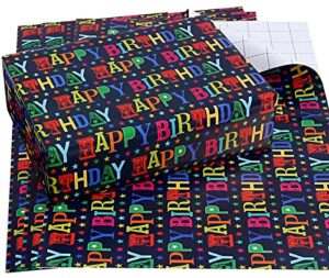 camkuzon birthday wrapping paper with cut lines for boys girls kids men women baby shower party – 3 large sheets rainbow colored happy birthday gift wrap – 27 inch x 39.4 inch per sheet