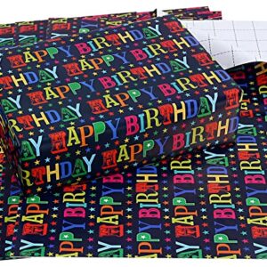 CAMKUZON Birthday Wrapping Paper with Cut Lines for Boys Girls Kids Men Women Baby Shower Party - 3 Large Sheets Rainbow Colored Happy Birthday Gift Wrap - 27 Inch X 39.4 Inch Per Sheet