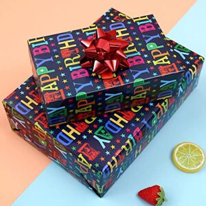 CAMKUZON Birthday Wrapping Paper with Cut Lines for Boys Girls Kids Men Women Baby Shower Party - 3 Large Sheets Rainbow Colored Happy Birthday Gift Wrap - 27 Inch X 39.4 Inch Per Sheet