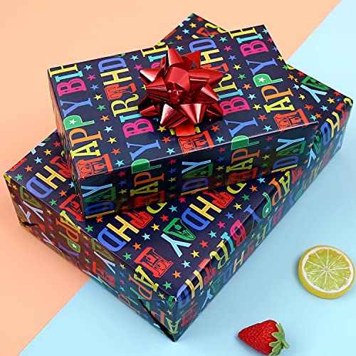 CAMKUZON Birthday Wrapping Paper with Cut Lines for Boys Girls Kids Men Women Baby Shower Party - 3 Large Sheets Rainbow Colored Happy Birthday Gift Wrap - 27 Inch X 39.4 Inch Per Sheet