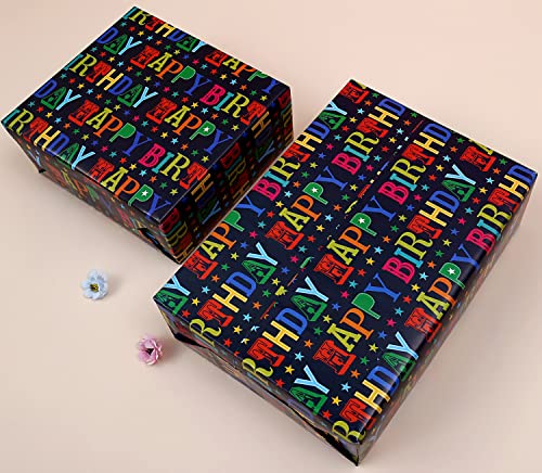 CAMKUZON Birthday Wrapping Paper with Cut Lines for Boys Girls Kids Men Women Baby Shower Party - 3 Large Sheets Rainbow Colored Happy Birthday Gift Wrap - 27 Inch X 39.4 Inch Per Sheet