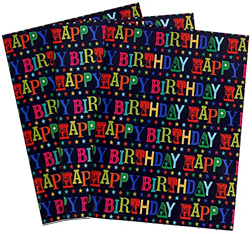 CAMKUZON Birthday Wrapping Paper with Cut Lines for Boys Girls Kids Men Women Baby Shower Party - 3 Large Sheets Rainbow Colored Happy Birthday Gift Wrap - 27 Inch X 39.4 Inch Per Sheet