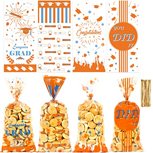 100Pcs Graduation Party Decorations Cellophane Bags - Graduation Gifts Cellophane Treat Bags with Ties, 11"x5" Graduation Decor Clear Cellophane Bags for Graduation Party Decorations Supplies (Orange)