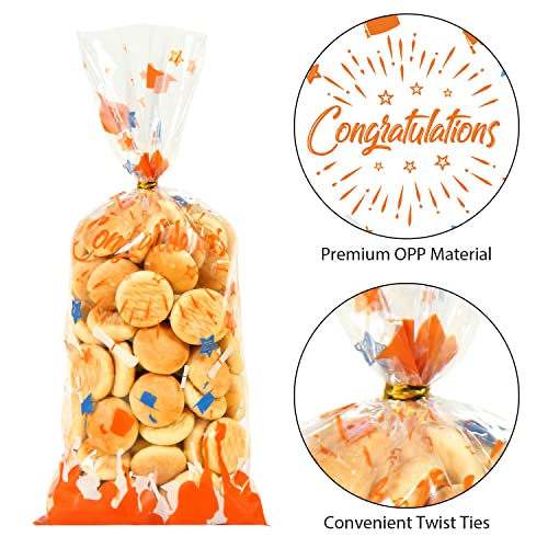 100Pcs Graduation Party Decorations Cellophane Bags - Graduation Gifts Cellophane Treat Bags with Ties, 11"x5" Graduation Decor Clear Cellophane Bags for Graduation Party Decorations Supplies (Orange)