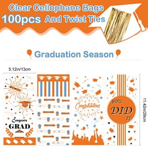 100Pcs Graduation Party Decorations Cellophane Bags - Graduation Gifts Cellophane Treat Bags with Ties, 11"x5" Graduation Decor Clear Cellophane Bags for Graduation Party Decorations Supplies (Orange)