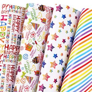 plandrichw birthday wrapping paper 12 sheets folded flat for kids, boys, girls, adults. gift wrapping paper includes happy birthday, star, rainbow, cake 4 colorful designs for baby shower, holiday, party 20 x 29 inch