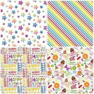 PlandRichW Birthday Wrapping Paper 12 Sheets Folded Flat for Kids, Boys, Girls, Adults. Gift Wrapping Paper Includes Happy Birthday, Star, Rainbow, Cake 4 Colorful Designs for Baby Shower, Holiday, Party 20 X 29 Inch