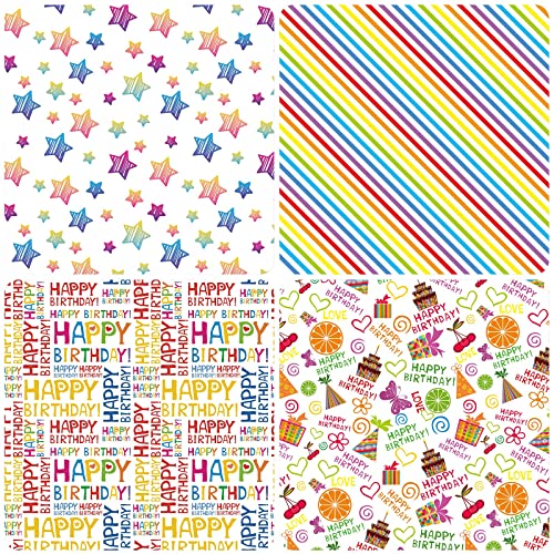 PlandRichW Birthday Wrapping Paper 12 Sheets Folded Flat for Kids, Boys, Girls, Adults. Gift Wrapping Paper Includes Happy Birthday, Star, Rainbow, Cake 4 Colorful Designs for Baby Shower, Holiday, Party 20 X 29 Inch