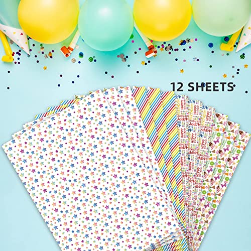 PlandRichW Birthday Wrapping Paper 12 Sheets Folded Flat for Kids, Boys, Girls, Adults. Gift Wrapping Paper Includes Happy Birthday, Star, Rainbow, Cake 4 Colorful Designs for Baby Shower, Holiday, Party 20 X 29 Inch