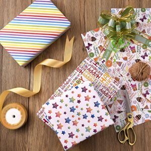 PlandRichW Birthday Wrapping Paper 12 Sheets Folded Flat for Kids, Boys, Girls, Adults. Gift Wrapping Paper Includes Happy Birthday, Star, Rainbow, Cake 4 Colorful Designs for Baby Shower, Holiday, Party 20 X 29 Inch