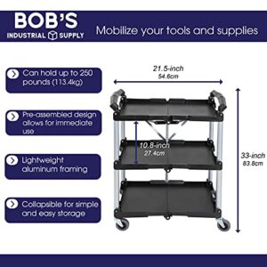 BISupply Fold Up Rolling Cart - 3 Tier Push Cart Collapsible Utility Carts with Wheels for Office, Warehouse, and Home