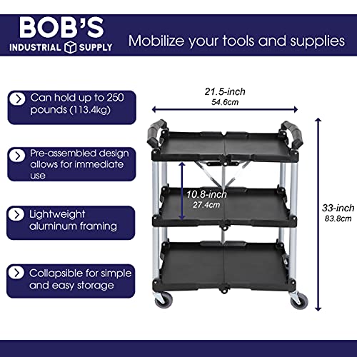 BISupply Fold Up Rolling Cart - 3 Tier Push Cart Collapsible Utility Carts with Wheels for Office, Warehouse, and Home