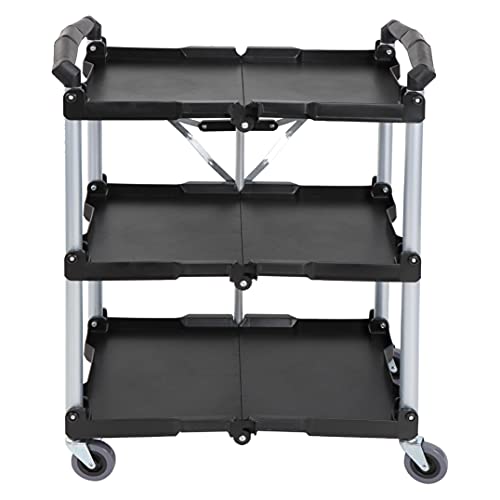 BISupply Fold Up Rolling Cart - 3 Tier Push Cart Collapsible Utility Carts with Wheels for Office, Warehouse, and Home