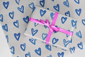 blue watercolor hearts on white gift wrapping paper – 24″x10′