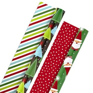 hallmark reversible christmas wrapping paper (2 rolls, 60 sq. ft. ttl) modern santa, retro christmas trees, stripes