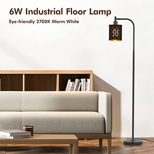 Industrial Floor Lamps for Living Room, Modern Standing Lamps for Bedroom with 6W LED Bulb, Foot Switch, Farmhouse Floor Lamp with Decorative Lampshade, Metal Tall Stand up Light, Vintage Lamp, Black