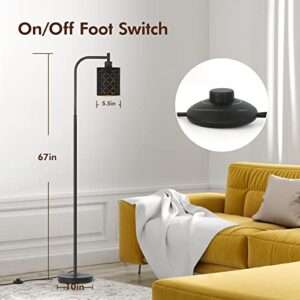 Industrial Floor Lamps for Living Room, Modern Standing Lamps for Bedroom with 6W LED Bulb, Foot Switch, Farmhouse Floor Lamp with Decorative Lampshade, Metal Tall Stand up Light, Vintage Lamp, Black