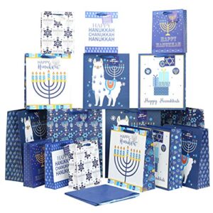 iconikal hanukkah gift bag set, 16 bags 3 sizes, 32 sheets of tissue paper