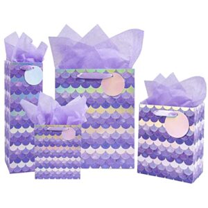 maypluss gift bags set – 4 pack – purple & silver fish scales with purple tissue paper for mermaid party, birthday, wedding and more
