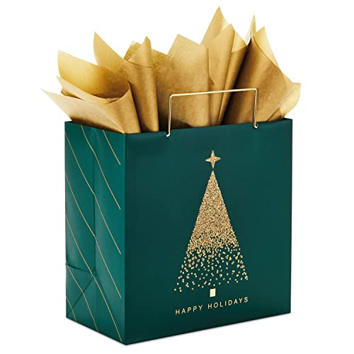 Hallmark Signature 7" Medium Christmas Gift Bag with Tissue Paper (Hunter Green and Gold Tree, "Happy Holidays") with Foil, Glitter, Metal Handle