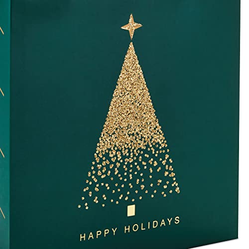 Hallmark Signature 7" Medium Christmas Gift Bag with Tissue Paper (Hunter Green and Gold Tree, "Happy Holidays") with Foil, Glitter, Metal Handle