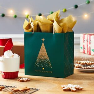 Hallmark Signature 7" Medium Christmas Gift Bag with Tissue Paper (Hunter Green and Gold Tree, "Happy Holidays") with Foil, Glitter, Metal Handle