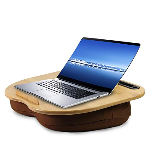 VLOXO Lap Desk with Cushion Portable Laptop Stand with Pillow, 3 in 1 Lap Desk Phone Holder, Desk Tray with Slot & Anti-Slip Strip, Support up to 14 Inch Laptop - Brown