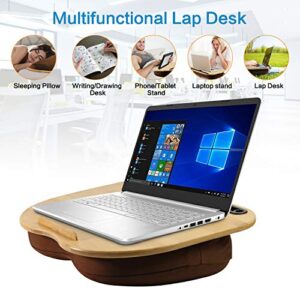 VLOXO Lap Desk with Cushion Portable Laptop Stand with Pillow, 3 in 1 Lap Desk Phone Holder, Desk Tray with Slot & Anti-Slip Strip, Support up to 14 Inch Laptop - Brown