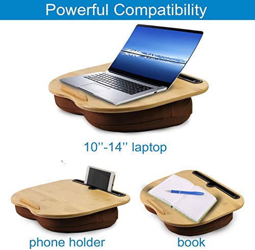 VLOXO Lap Desk with Cushion Portable Laptop Stand with Pillow, 3 in 1 Lap Desk Phone Holder, Desk Tray with Slot & Anti-Slip Strip, Support up to 14 Inch Laptop - Brown