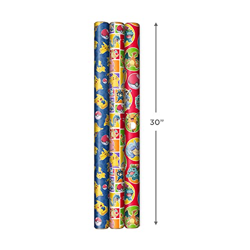 Hallmark Pokémon Wrapping Paper with Cutlines on Reverse (3 Rolls: 60 Sq. Ft. Ttl) with Pikachu, Charmander, Bulbasaur for Birthdays, Kids Parties, Gamers, Christmas Gifts