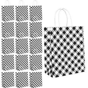 ecohola black gingham gift bags, 16 pieces kraft paper bags black white christmas buffalo plaid bags goodie bags party favor bags with handles for christmas, birthday party supplies, 10x8x4 inches