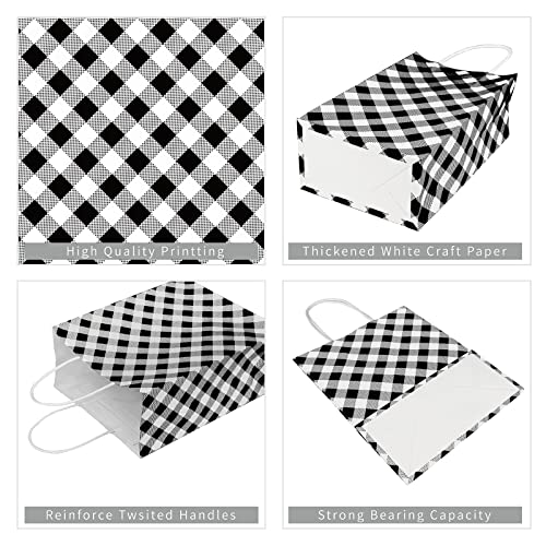 ECOHOLA Black Gingham Gift Bags, 16 Pieces Kraft Paper Bags Black White Christmas Buffalo Plaid Bags Goodie Bags Party Favor Bags with Handles for Christmas, Birthday Party Supplies, 10x8x4 Inches