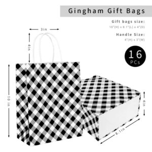ECOHOLA Black Gingham Gift Bags, 16 Pieces Kraft Paper Bags Black White Christmas Buffalo Plaid Bags Goodie Bags Party Favor Bags with Handles for Christmas, Birthday Party Supplies, 10x8x4 Inches