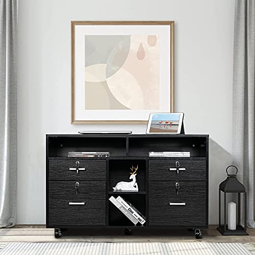 VINGLI Wood Mobile File Cabinet with 4 Drawers and Shelves, Printer Stand with Open Storage, Locking Lateral Filing Cabinet for Home Office, Black