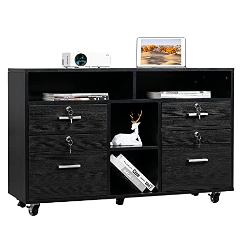 VINGLI Wood Mobile File Cabinet with 4 Drawers and Shelves, Printer Stand with Open Storage, Locking Lateral Filing Cabinet for Home Office, Black