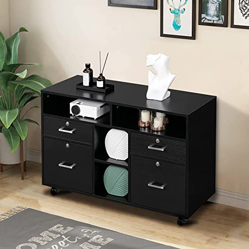 VINGLI Wood Mobile File Cabinet with 4 Drawers and Shelves, Printer Stand with Open Storage, Locking Lateral Filing Cabinet for Home Office, Black