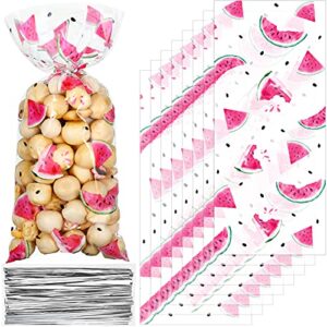 zonon 100 pieces watermelon treat bags cellophane bags watermelon party bags plastic candy bag pink with 100 silver twist ties for summer beach watermelon birthday party baby shower supplies