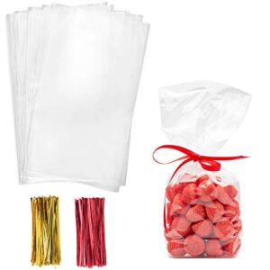 morepack cello cellophane treat bags,6×12 inches cellophane bags 200 pcs with twist ties plastic cello bags for packaging dessert,bakery, candies,cookies,chocolate,party favors