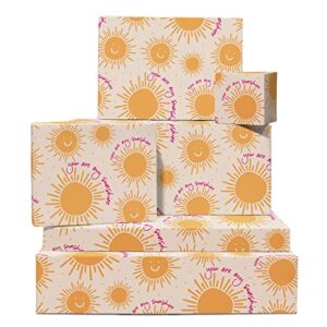 yellow wrapping paper – ‘you are my sunshine’ – 6 sheets of gift wrap – summer sun gold – for christmas holiday birthday anniversary – comes with fun stickers – by central 23