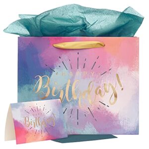 WITH LOVE Happy Birthday Women's Large Gift Bag Set w/Card & Tissue Paper Blue Pink Purple Watercolor Design for Her Birthday Inspirational Gift Wrap Bag, Landscape 10" x 12.5" x 3.9"