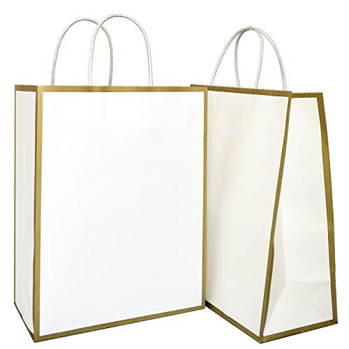 KEYYOOMY 25 Pieces Gift Paper Bags (8.2 x 10.6 x 4.3 in), White Gold Kraft Favor Bags with Handles for Birthday, Gift, Wedding and Party Celebrations