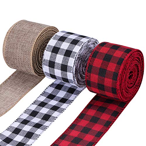 3 Rolls Wired Plaid Ribbons,3x10 Yards,2 Inch Black Red Plaid Ribbon,Black White Buffalo Plaid Ribbon and Burlap Craft Ribbon for DIY Gift Wrapping, Holiday Decorations