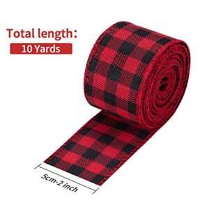 3 Rolls Wired Plaid Ribbons,3x10 Yards,2 Inch Black Red Plaid Ribbon,Black White Buffalo Plaid Ribbon and Burlap Craft Ribbon for DIY Gift Wrapping, Holiday Decorations