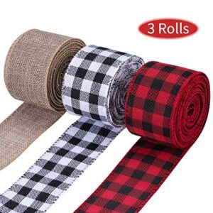 3 Rolls Wired Plaid Ribbons,3x10 Yards,2 Inch Black Red Plaid Ribbon,Black White Buffalo Plaid Ribbon and Burlap Craft Ribbon for DIY Gift Wrapping, Holiday Decorations