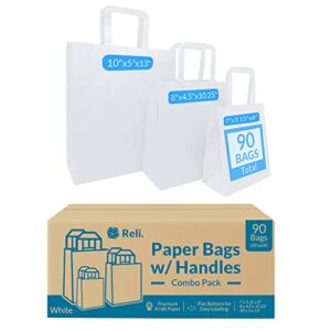 reli. 90 pack | assorted sizes white paper bags w/handles | 7×3.15×8-8×4.5×10.25-10x5x13 | 30 bags each size | paper bags combo pack | retail bags/shopping bags, gift bags