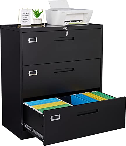 Fesbos Lateral File Cabinet with Lock, 3 Drawer Large Metal Filing Cabinet,Home Office Lockable Storage Cabinet for Hanging Files Letter/Legal/F4/A4 Size-Assembly Required