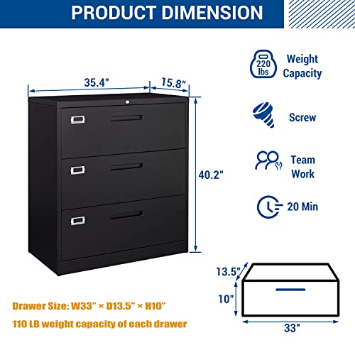 Fesbos Lateral File Cabinet with Lock, 3 Drawer Large Metal Filing Cabinet,Home Office Lockable Storage Cabinet for Hanging Files Letter/Legal/F4/A4 Size-Assembly Required