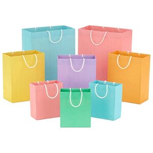 hallmark recyclable gift bag assortment (8 bags: 3 small 6″, 3 medium 9″, 2 large 13″) pastel blue, pink, yellow, purple, orange, green for birthdays, easter, baby gifts, bridal showers