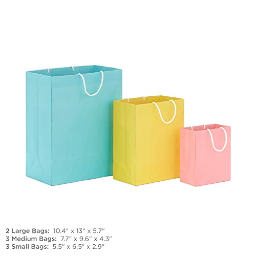 Hallmark Recyclable Gift Bag Assortment (8 Bags: 3 Small 6", 3 Medium 9", 2 Large 13") Pastel Blue, Pink, Yellow, Purple, Orange, Green for Birthdays, Easter, Baby Gifts, Bridal Showers