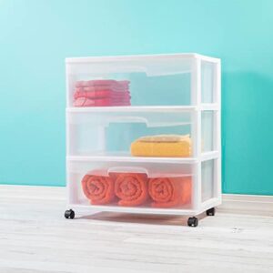 Sterilite 29308001 Home 3 Drawer Wide Storage Cart Portable Clear Container with Adjustable Casters for Home Organization and Storage, (2 Pack)